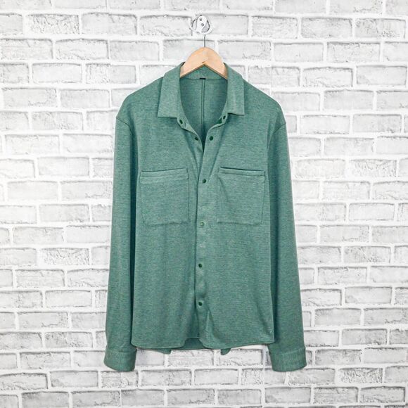 Lululemon Men's Soft knit Overshirt snap button in Heathered Everglade Green L - Picture 1 of 8